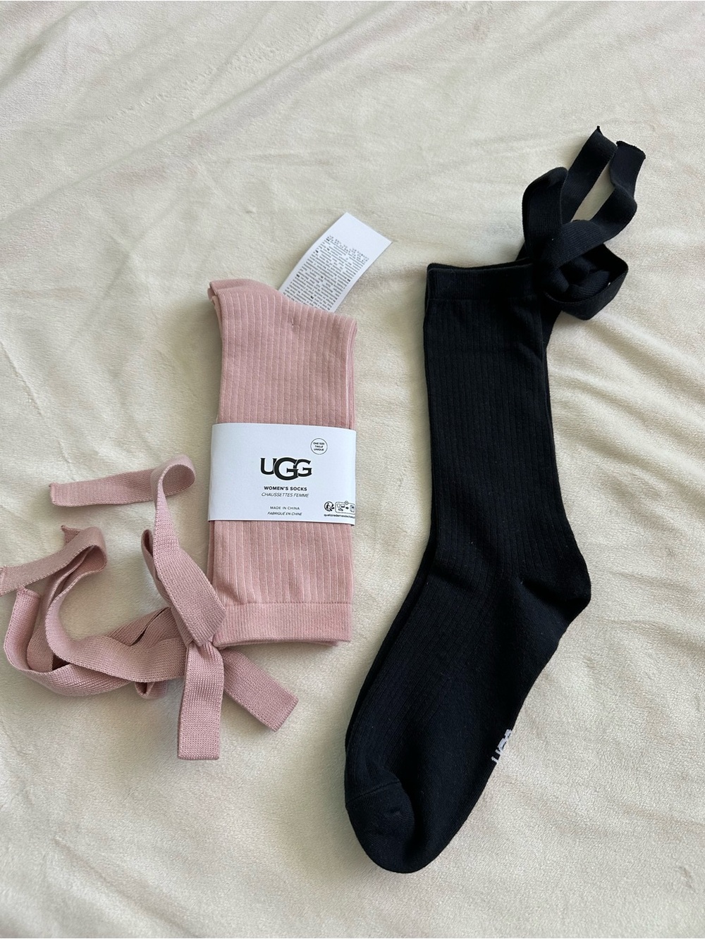 UGG Ribbed Crew Socks with Ribbon Tie in Black and Pink